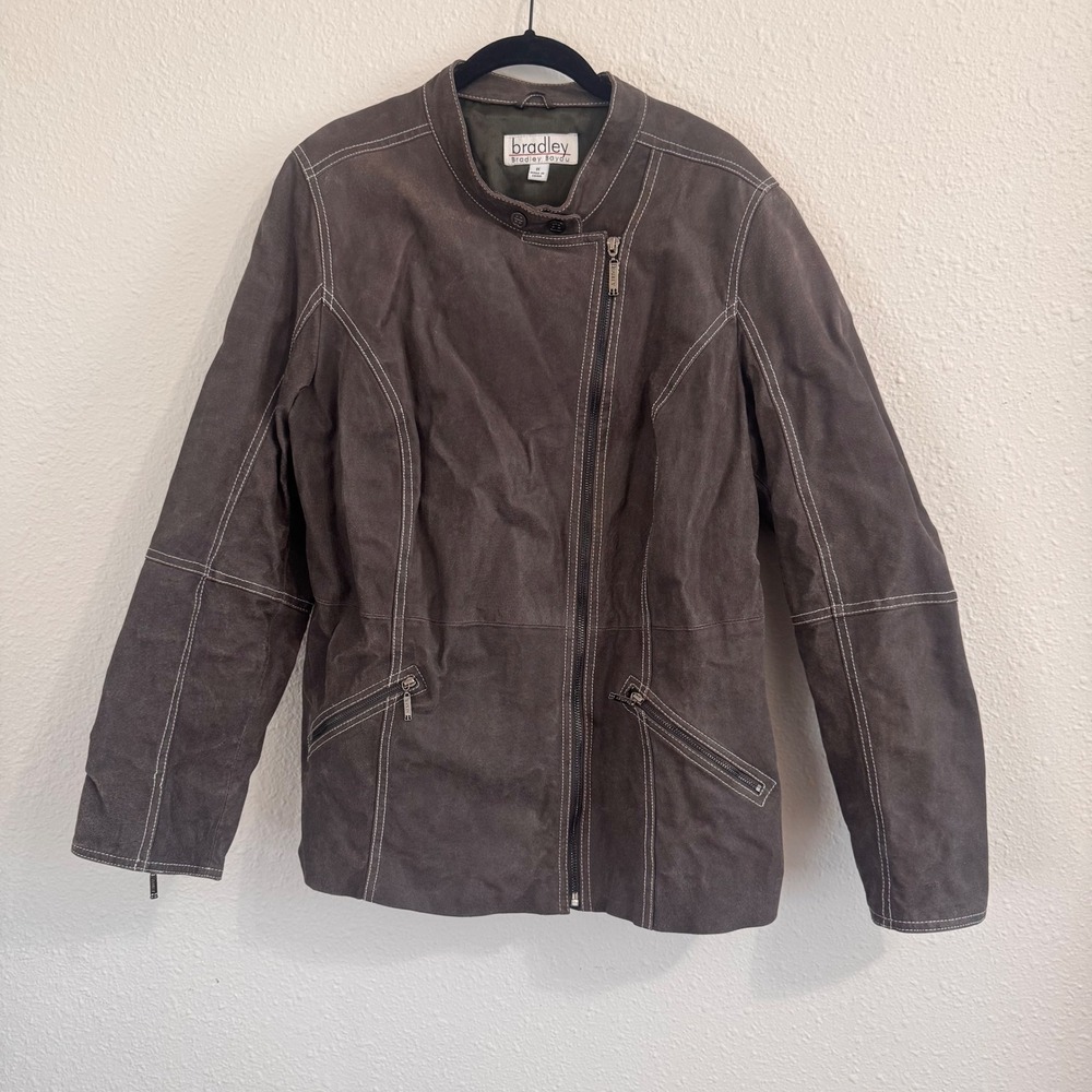 BRADLEY BAYOU Woman's Size 1X Charcoal Gray 100& Genuine Leather Moto Jacket Zip